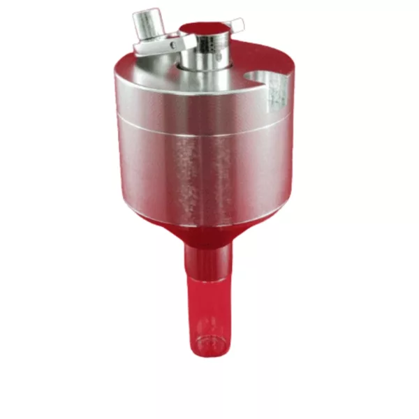 red plastic container with a metal base and lid, featuring a small and large hole for smoking.