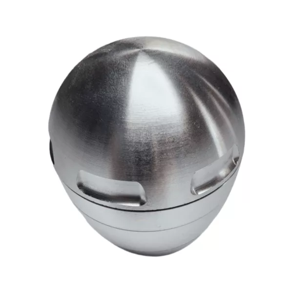 A stainless steel sphere with a smooth, reflective surface, used as a grinder for tobacco or other substances. It has no visible features and sits on a white background.
