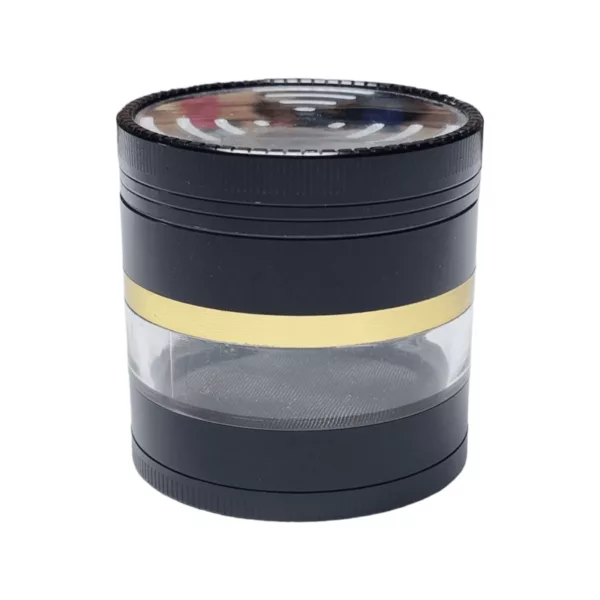 Black and gold metal container with clear plastic lid and small handle on side. Rectangular shape with rounded edges. Sitting on white background.