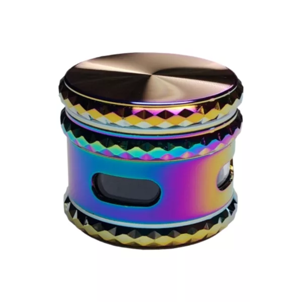 Multicolored, metallic grinder with rainbow metal and metallic rim/base. Diamond Cut Rainbow Grinder-BVGS290B.