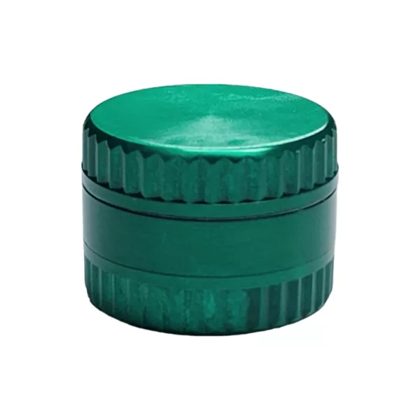 Green & silver 3-tier grinder with removable lid and power button for convenient use.