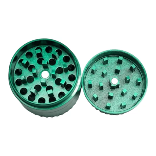 Metal grinder with 4 cylindrical chambers, rough surface. Green. BVGS268.
