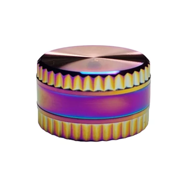 Shiny, compact grinder with holographic pattern and rainbow colors. Perfect for travel or home use.