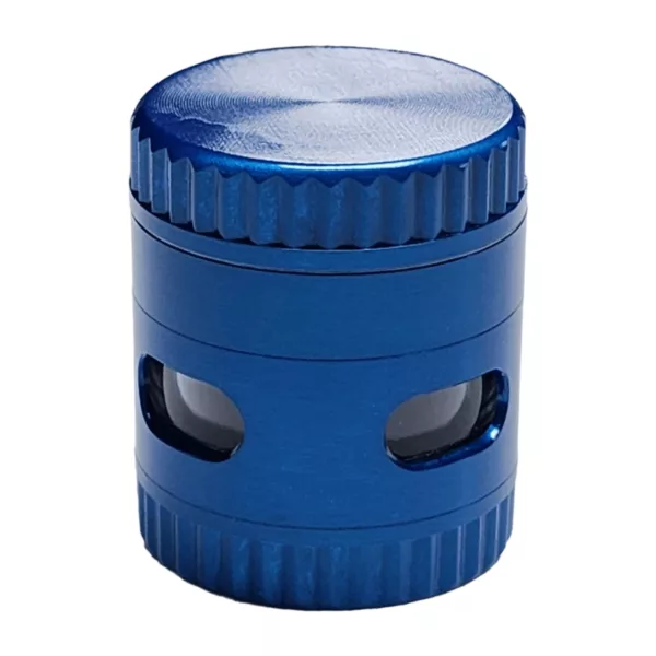 Smooth blue plastic container with circular base and small hole, sitting on white background.