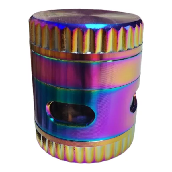 Hexagonal aluminum grinder with 6 holes for tobacco grinding and smoking. 2 small circular handles on each side and a smaller handle on top. Designed for easy use and efficient grinding.