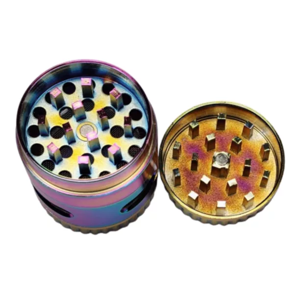 Colorful aluminum herb grinder with acrylic lid and metal screen. 3 compartments, small storage compartment, removable lid, and adjustable grinding action. Ideal for smoking, cooking, or other culinary uses.