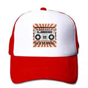 100% cotton red & white 'RADIO BOX' trucker cap with faux leather adjustable strap & curved visor for sun protection.
