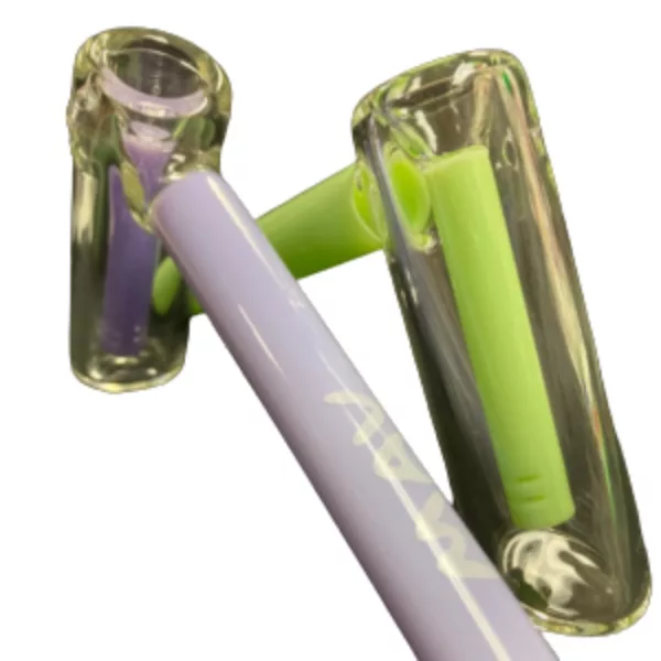 Handcrafted MAV Hammer Bubbler with purple and green tinted stem, clear base, and small bowl filled with water. Clear water with visible bubbles and condensation.