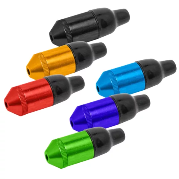 Six colorful metal plugs in a circular formation, potentially used to plug into a device.