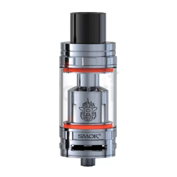 stainless steel clearomizer tank with a red ring around the base, featuring a clear body and transparent top. It has a screw-on top and is not connected to any other device.