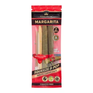The Margarita Sole & Pop Flavored Minis are a pack of three cigars with different flavors. The plastic packaging has a clear window and is red with white writing. It includes information about the product and is designed to be eye-catching.