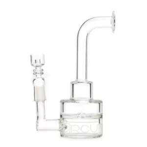 Large clear glass bong with 5 stem, 2 bowl, and 8 base. No knobs or buttons.