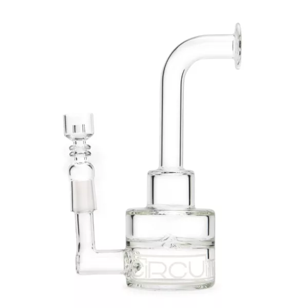 Large clear glass bong with 5 stem, 2 bowl, and 8 base. No knobs or buttons.