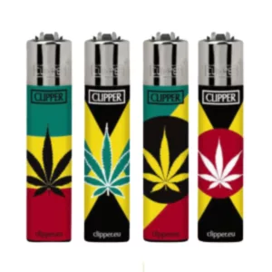 Rasta-themed lighter with Jamaican flag design and Rastafarian patterns. Also includes three other unique designs, including a cannabis leaf-shaped lighter.