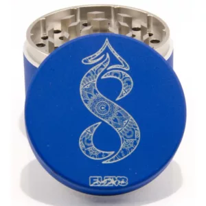 Blue plastic 4-piece grinder with round base, lid featuring a blue and white striped snake logo, and 4 chambers.