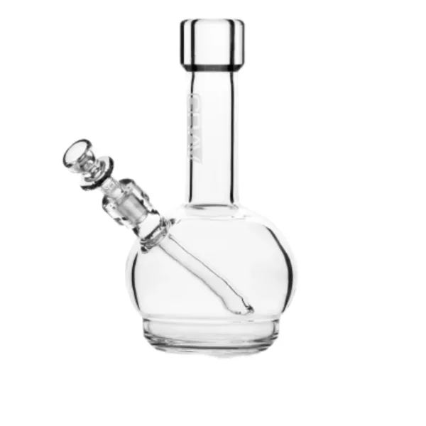 Handmade mini round base water pipe with clear finish and small stem, featuring a circular bowl for smoking.