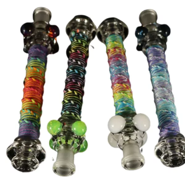 Experience the Multiverse with our Hemp Wrapped Milky Green Straws - featuring unique glass pipes with colorful striped designs and green straws.