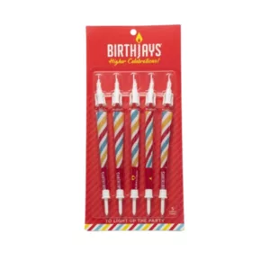 6 colorful, patterned birthday candles in clear packaging with 'Birthjays' label for joyful celebration.