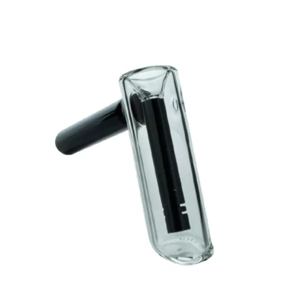 Mini Hammer Bubbler with clear glass mouthpiece and black metal handle. Large bubble inside wide, curved tube. Great for smoking.