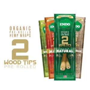 Organic hemp wraps, 'Endo', in green shades for smoking or consuming marijuana. Green and white packaging with 'Endo' logo in white.