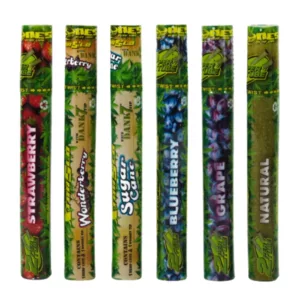 Hemp Cyclones are green cigarettes with strawberry packaging, rolled in a cylindrical shape with a brown wrapper and a thin blue line on the edge.