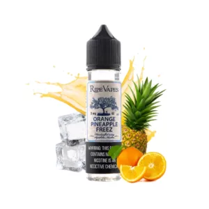 refreshing juice from Ripe Vapes, with bold label and ice floating in a glass bottle.