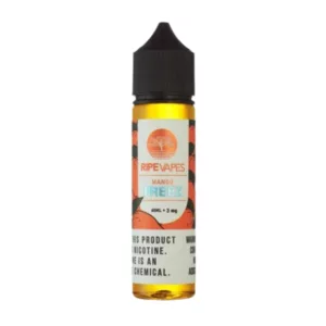 50ml bottle of e-liquid with a clear glass bottle, black cap, and white label with orange text and black line around the top. The label has the brand name Ripe Vapes in white letters and a black line around the top. The bottle has a smooth finish and a blue rim. The background white surface.