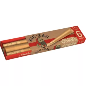 Brown box of 6 unbleached Zig Zag cigarettes with thin golden filter.