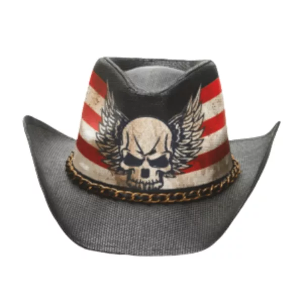 Black leather cowboy hat with American flag on front and skull on back. Perfect for outdoor activities.