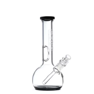 Glass water pipe with black bowl and clear stem, featuring small bubbles on side. Ideal for smoking.