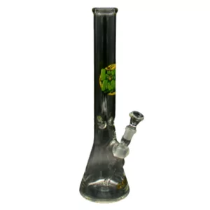 Stylish glass bong with colorful logo, smoke-colored accents, and transparent base. Perfect for savoring your favorite strains.