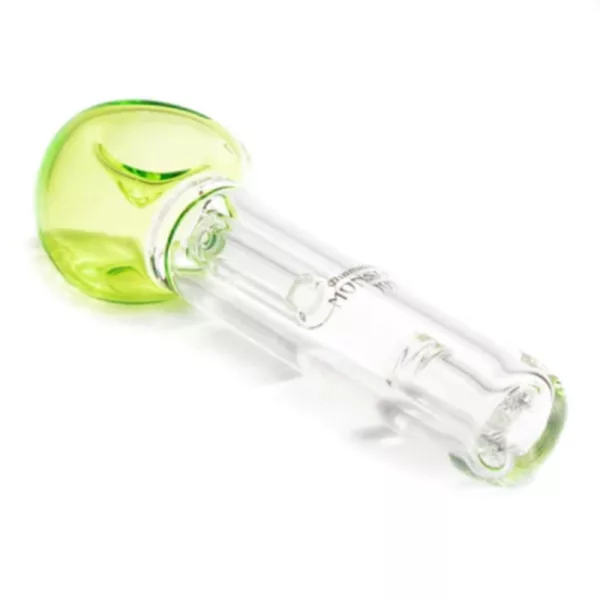 Monsoon Classic Limon Chameleon Glass pipe features a green stem and clear base, made of smooth glass. Long and curved stem, round and clear base.