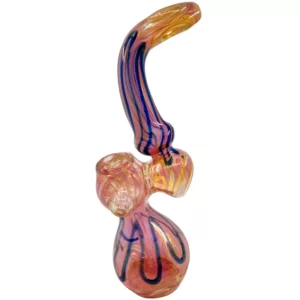 A colorful, bent glass pipe with a striped pattern and blue mouthpiece, available on a smoking company website.
