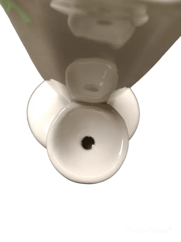A glass pipe with a wooden base and Ice Cream Sundae sticker, featuring a white glaze, black tip, and white bowl for smoking.