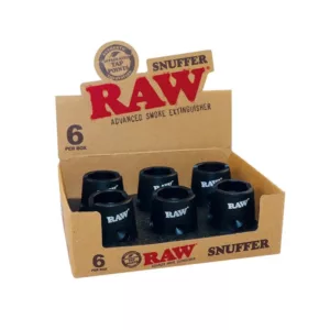 Six black cups in a box, labeled 'Snuffer - RAW', for use with smoking products.
