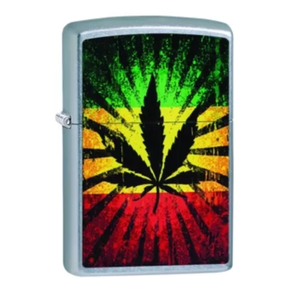 Zippo lighter with vibrant marijuana leaf design on grunge background.