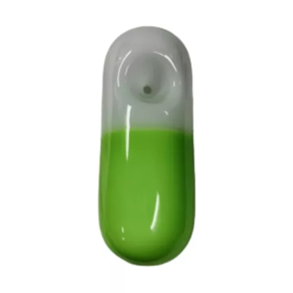 Small, cylindrical vial with green and white color scheme, resembling a pill. Filled with a green liquid, difficult to see contents. Listed on smoking company website as Lil Pill Hp - CCWPF331.