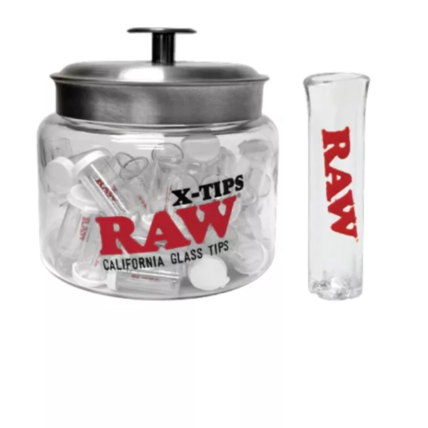 Raw PBRCD X-Tip Glass Tips in a clear jar with a small glass pipe attached to it.