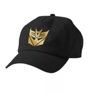 black baseball cap with a gold Transformers logo on the front. It is made of a lightweight, breathable fabric and is suitable for both men and women. It is available in a range of sizes and is designed to keep you cool and protected from the sun while showing off your love for Transformers.