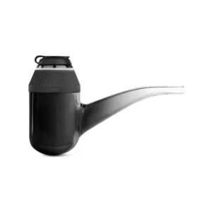 black ceramic pipe with a clear plastic mouthpiece and a small white ceramic ring around the base. It has a cylindrical shape with a curved mouthpiece and a small base.