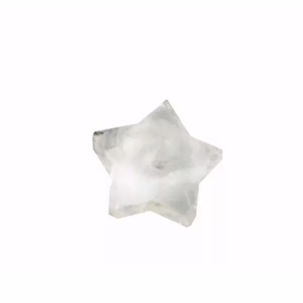 Clear, transparent crystal star with five points on white background. Symmetrical and elegant design.