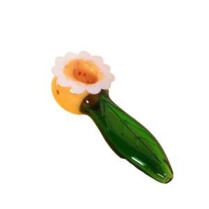 A green and white daisy-shaped pipe with a flower mouthpiece.