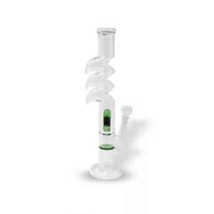 Green handled, clear glass water pipe with white base. Smooth cylinder. CCWPF200.