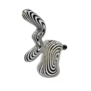 Elegant and modern zebra bubbler with spiral pattern, clear glass body, black plastic stem and base, and small ring on top of stem to keep it stable. Perfect for desk or table use.