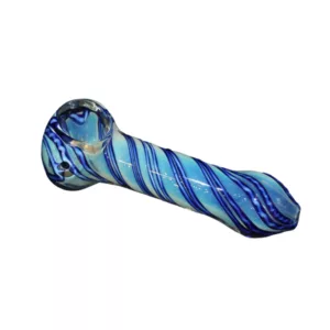 Blue and white striped glass smoking pipe with wide mouth and straight shank, decorated base and small ridges on outer surface.