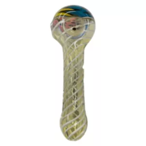 Glass hand pipe with spiral handle design in yellow, blue, and red. Clear bowl and stem. Mouth blown. CCWPF107.