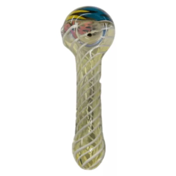Glass hand pipe with spiral handle design in yellow, blue, and red. Clear bowl and stem. Mouth blown. CCWPF107.