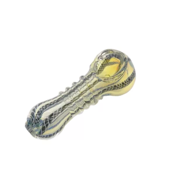 Glass hand pipe with yellow & black stripes, small & large openings, curved shape, metal pinch & plain base. Gold Fumed Ribboned Hand Pipe - CCWPF108.