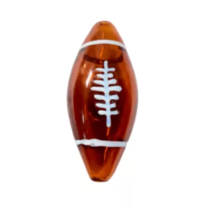 Glass football with white stripe on side and brown background. Symmetrical, clear surface.