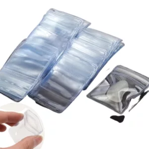 Six transparent, flexible plastic rectangular baggies (5cm x 4cm) for packaging smoking products.